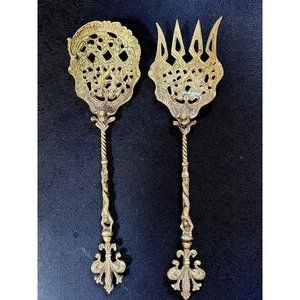 Italian Fleur De Lys Vintage / Antique Ornate Salad Servers Fork Spoon Set Italy
